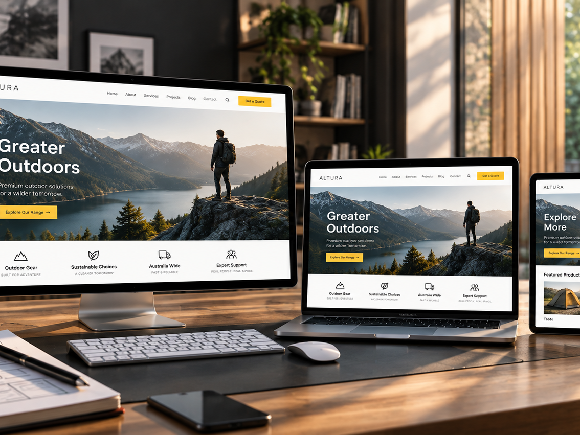 Responsive website design displayed across desktop, laptop, tablet and mobile devices in a creative workspace.