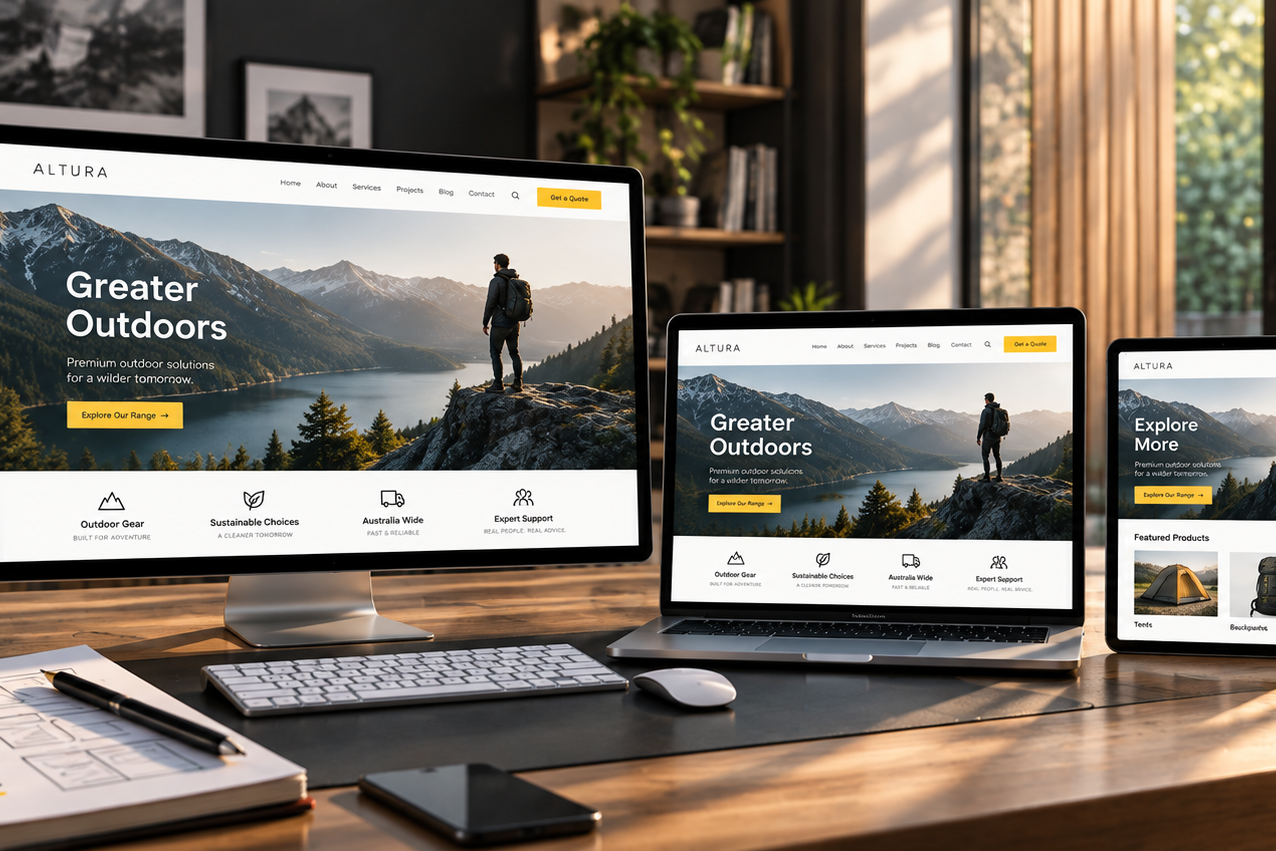 Responsive website design displayed across desktop, laptop, tablet and mobile devices in a creative workspace.