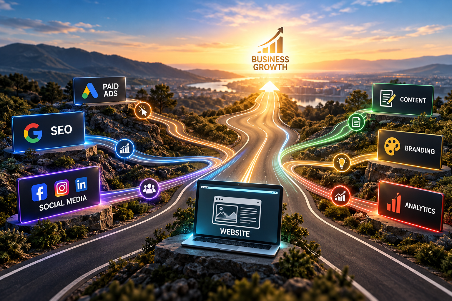 Integrated digital marketing strategy connecting website, SEO, paid advertising and social media