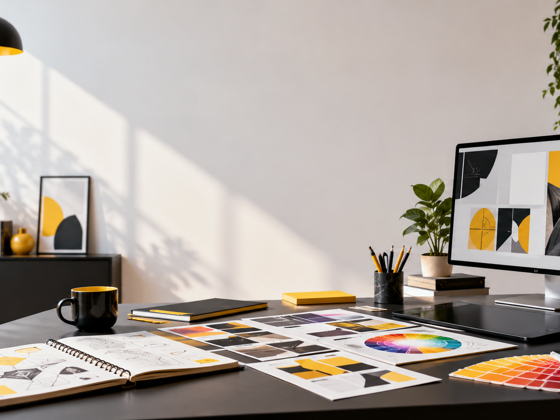 Modern creative studio workspace showcasing graphic design, branding, colour palettes and digital design tools.