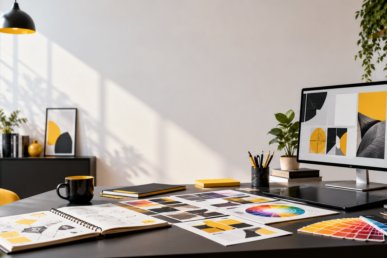 Modern creative studio workspace showcasing graphic design, branding, colour palettes and digital design tools.