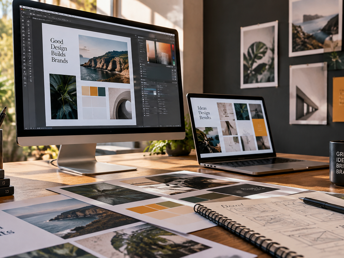 Creative workspace showcasing graphic design, branding, colour palettes and digital design concepts.