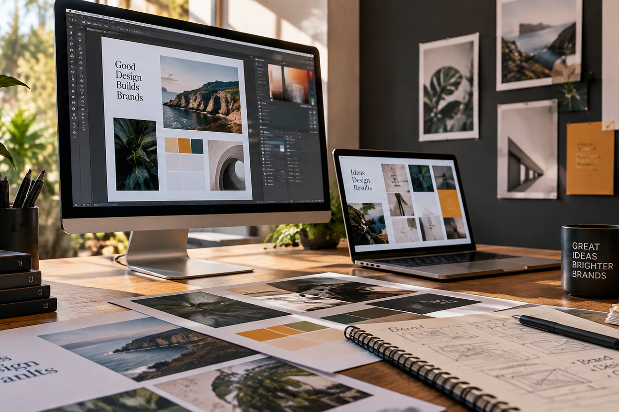 Creative workspace showcasing graphic design, branding, colour palettes and digital design concepts.