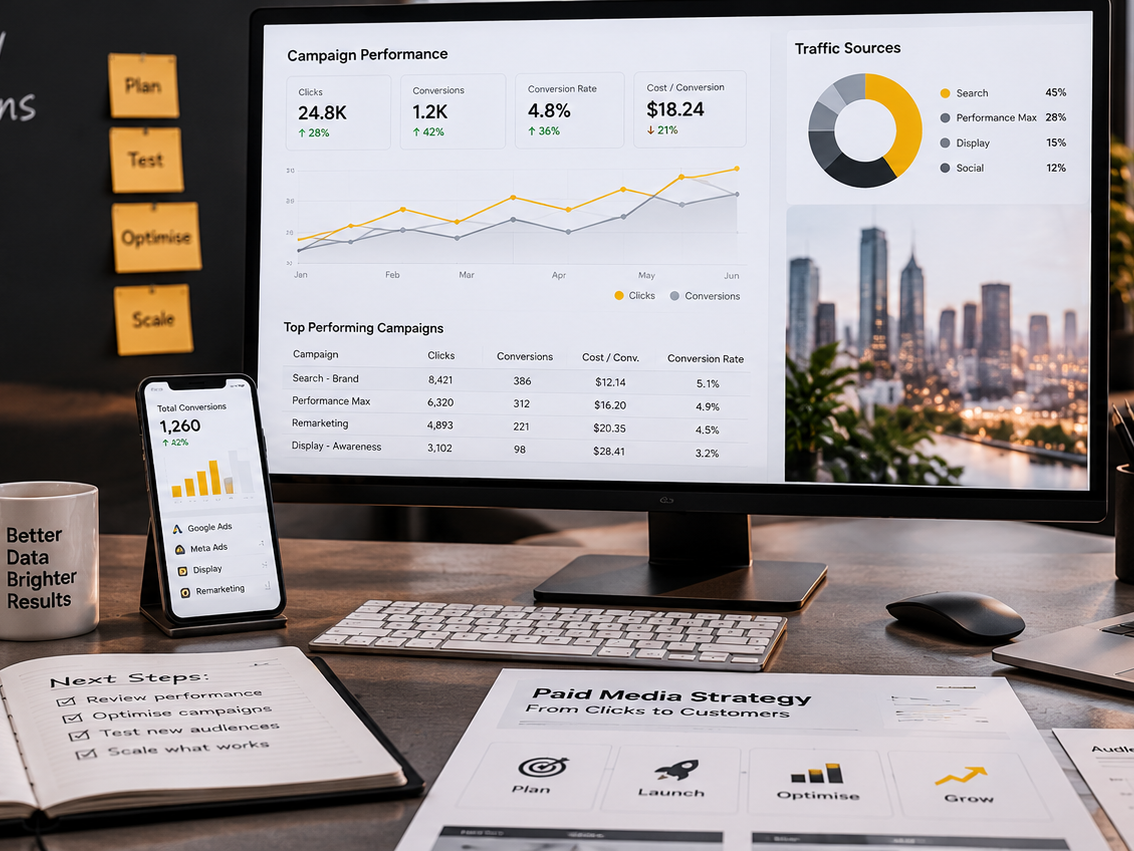 Paid advertising campaign dashboard showing analytics, conversions and performance optimisation data.