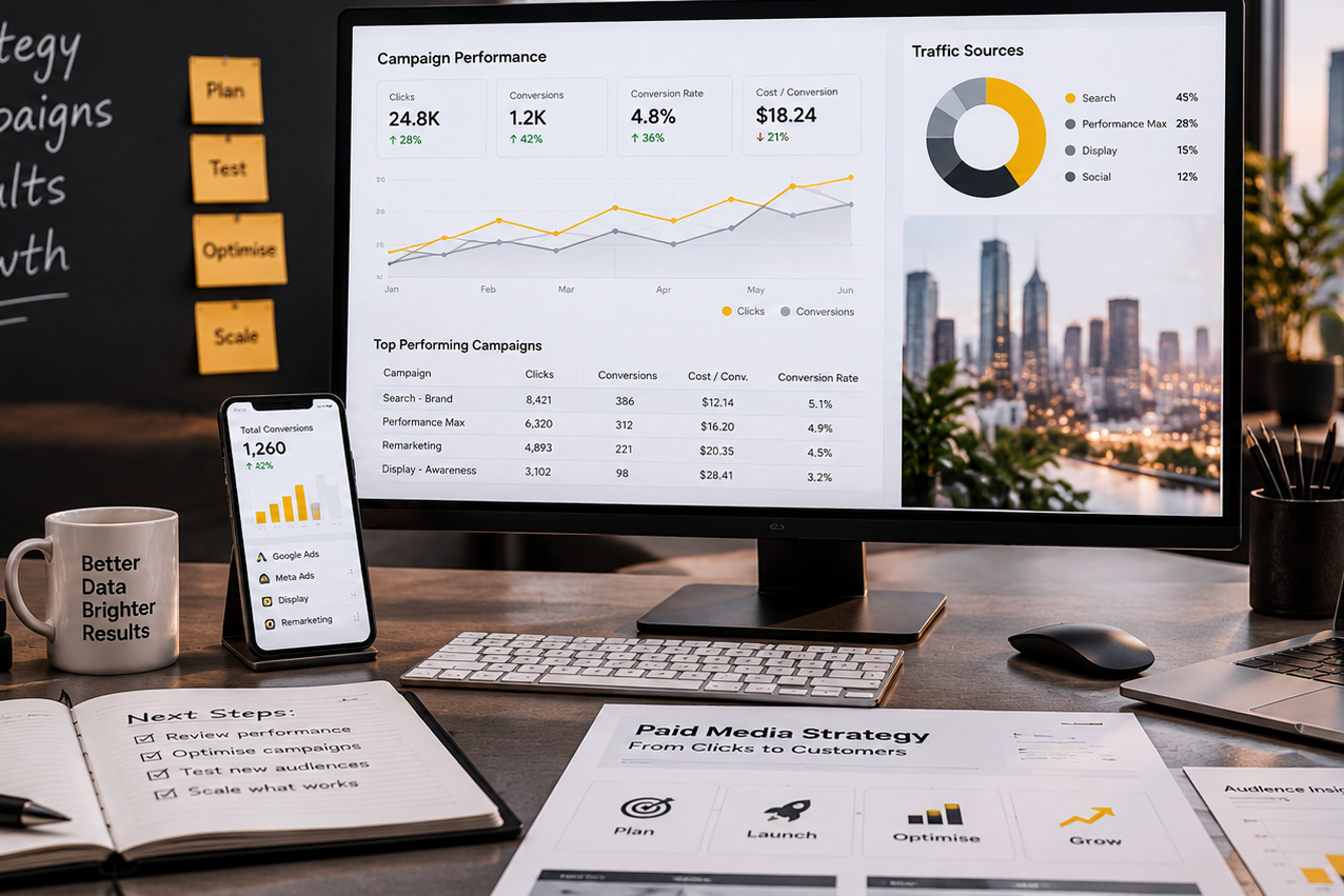 Paid advertising campaign dashboard showing analytics, conversions and performance optimisation data.