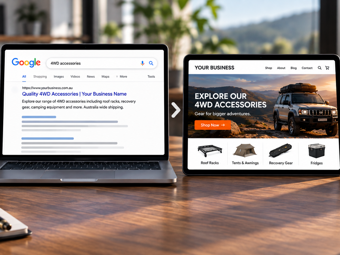 SEO search journey showing keyword research, search results, website visits and customer conversions.