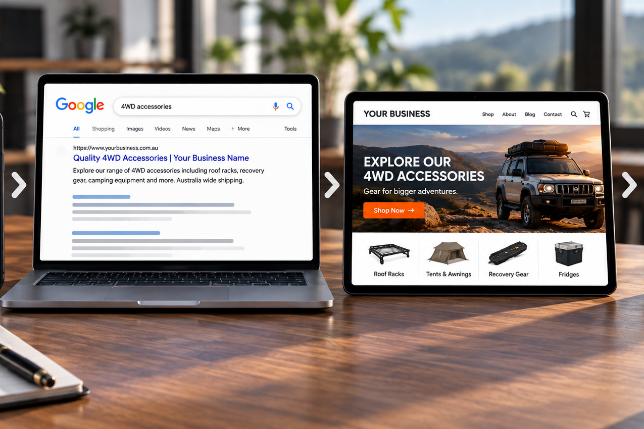 SEO search journey showing keyword research, search results, website visits and customer conversions.