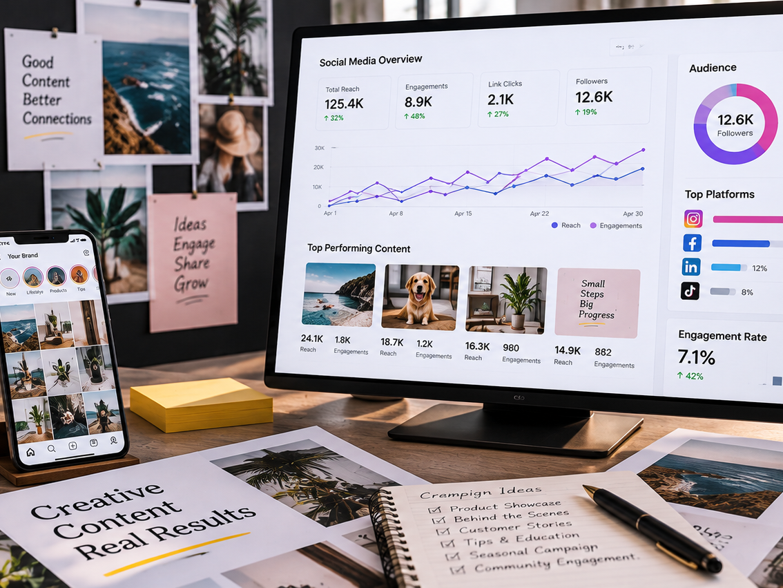 Social media campaign dashboard showing content performance, audience engagement, reach and campaign analytics.