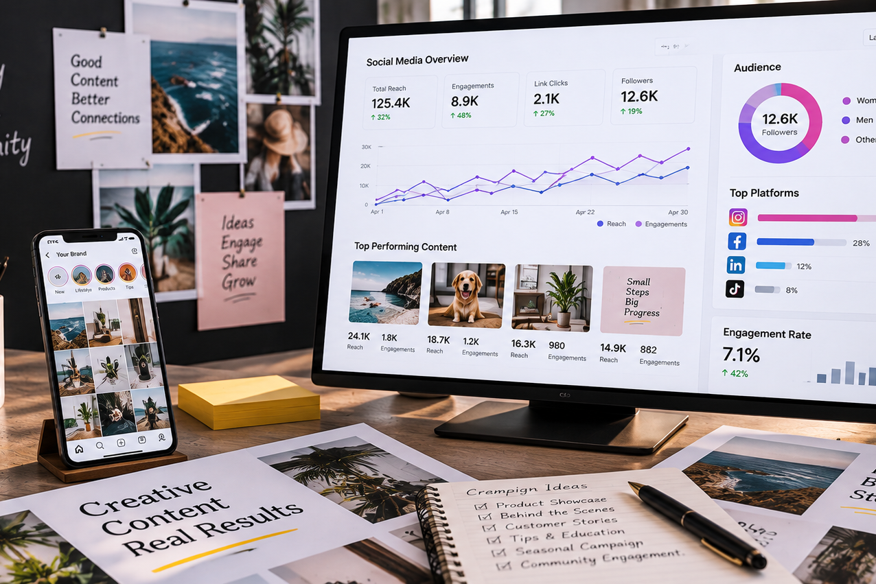 Social media campaign dashboard showing content performance, audience engagement, reach and campaign analytics.