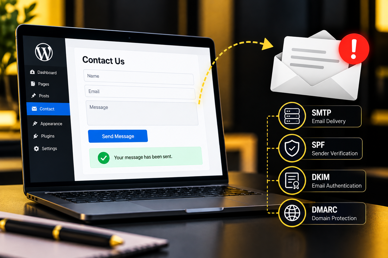 WordPress contact form email delivery problem showing a successful submission, missing notification and SMTP troubleshooting.
